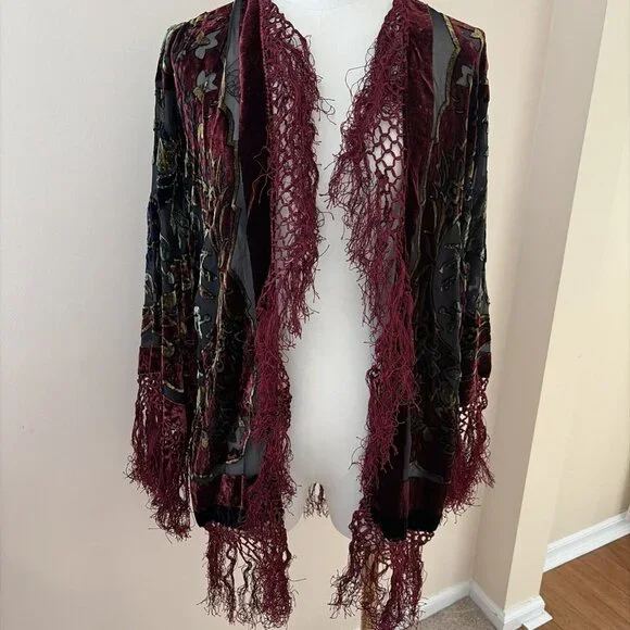 VTG Kirks Folly Burnout Velvet Cardigan Women's One Size Sequins Fringe Stunning - Picture 5 of 10